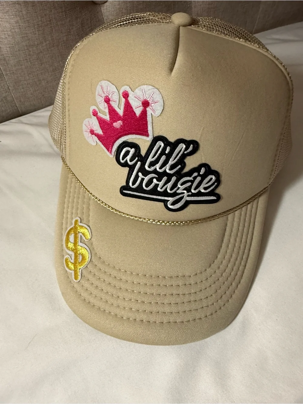 Beige Mesh Trucker Hat with Pink Patch
